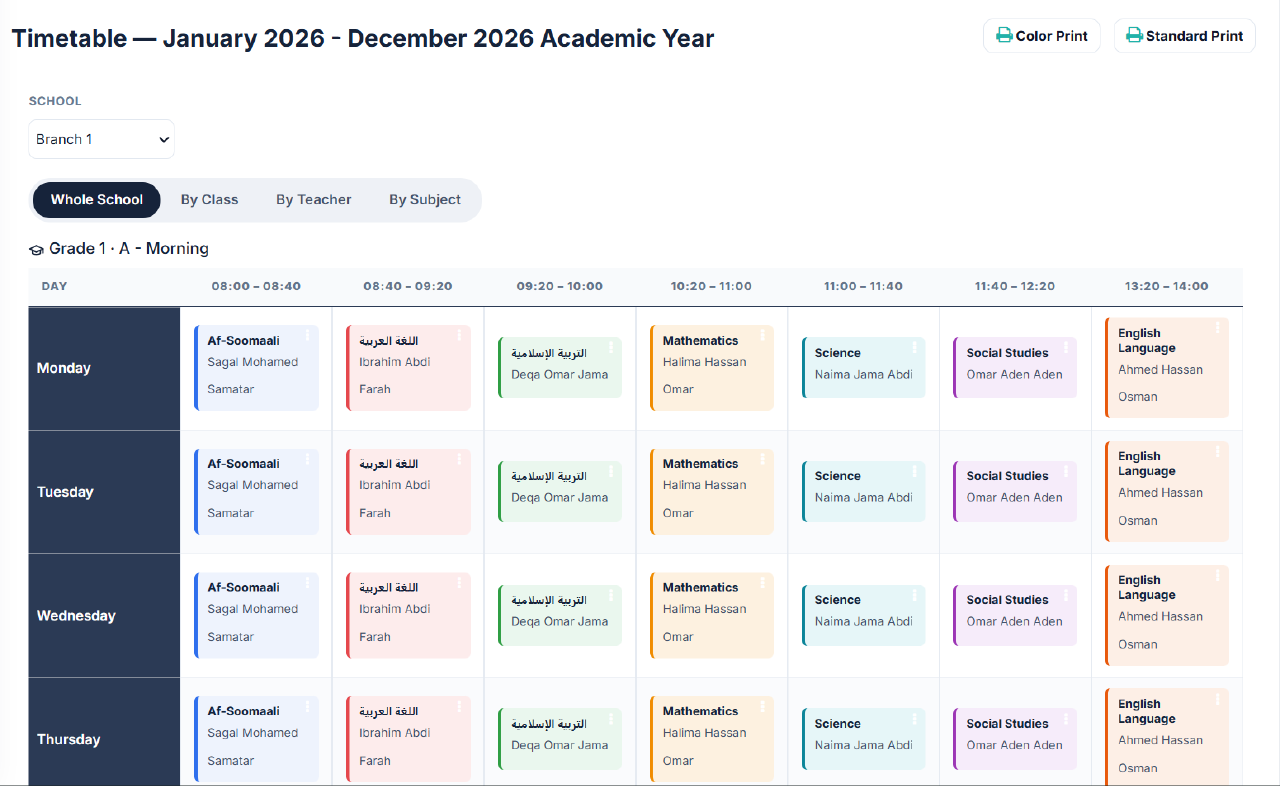Whole-school timetable with subjects, teachers and time slots including Af-Soomaali and Arabic